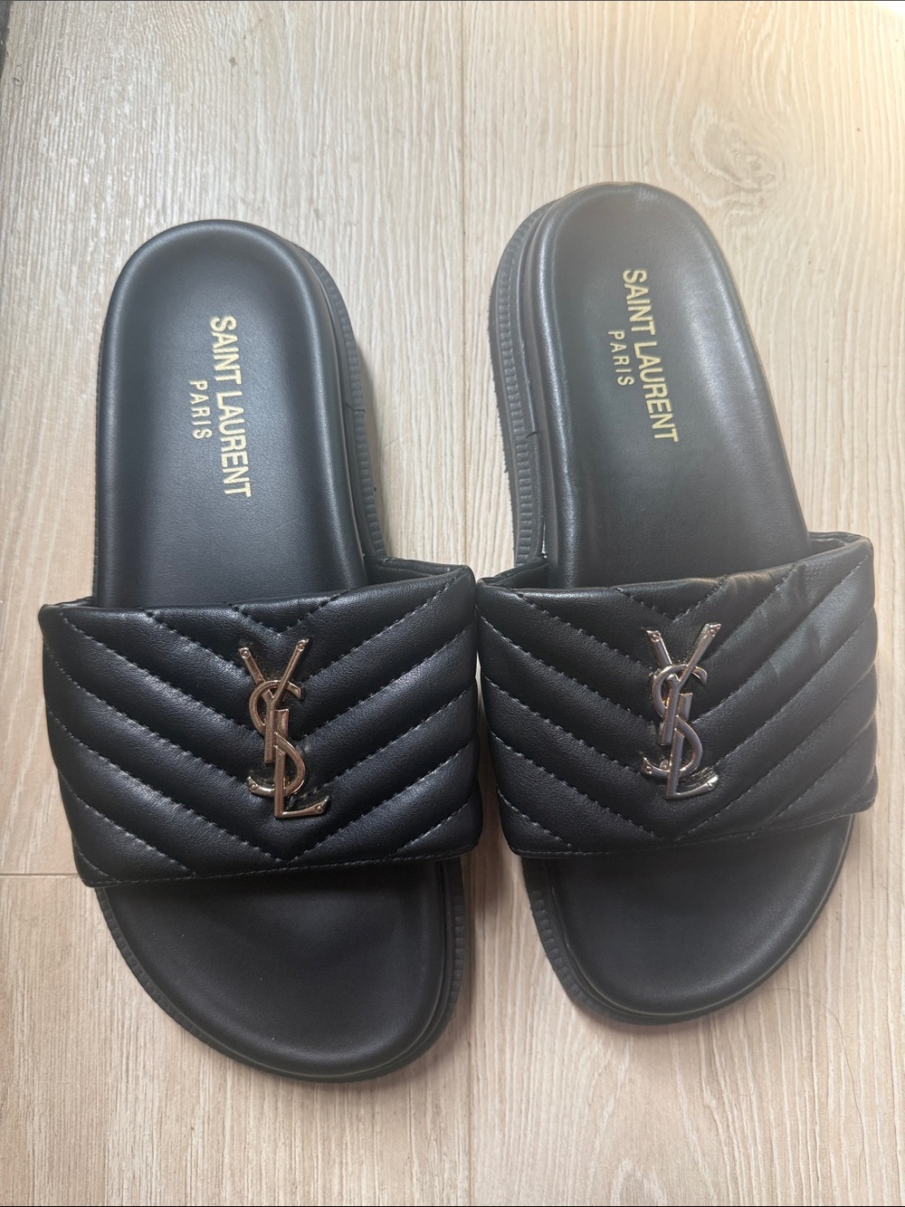 Saint Laurent Black Quilted Logo Slide Sandals with Gold Hardware